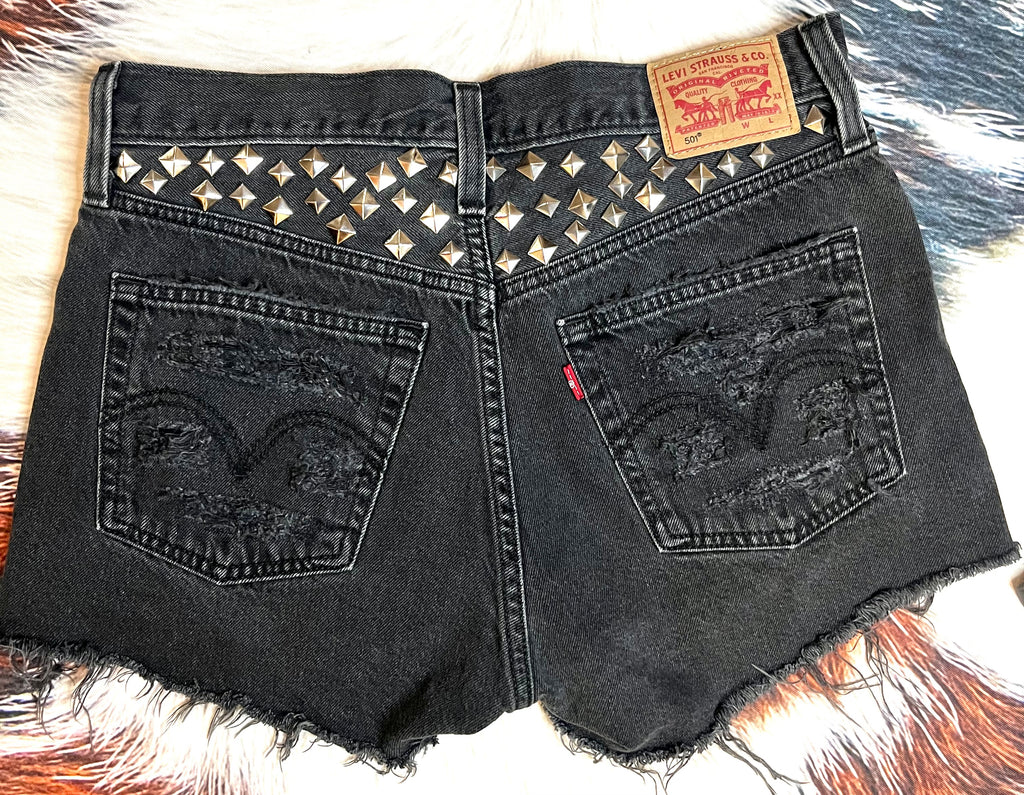 Custom Distressed Studded Shorts in Black