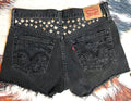 Custom Distressed Studded Shorts in Black