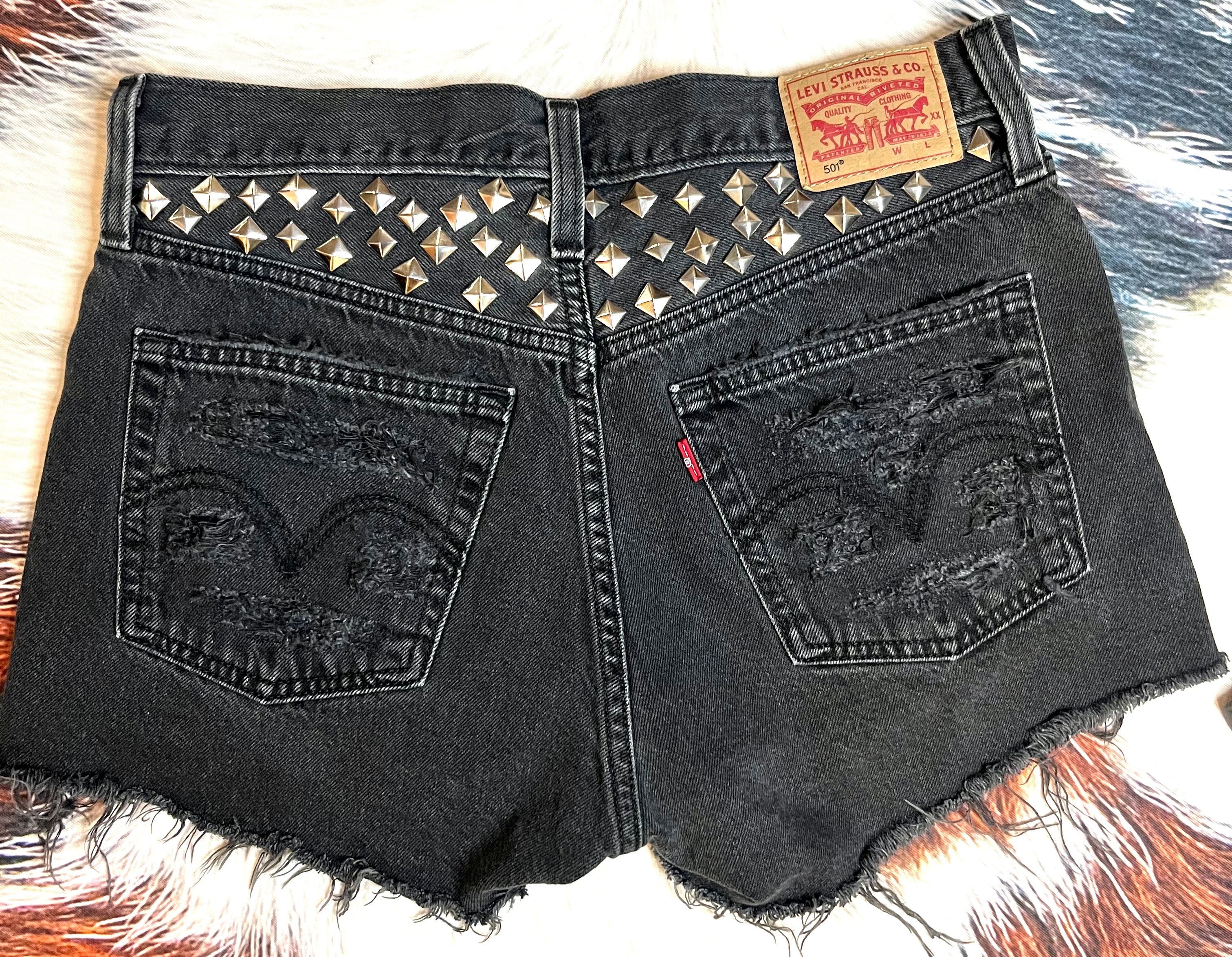 Custom Distressed Studded Shorts in Black