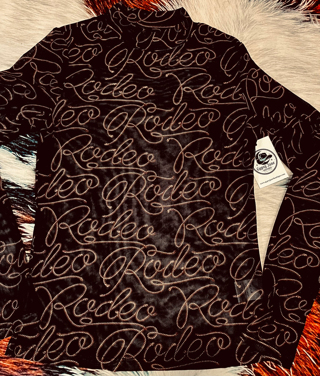 Black Western Rodeo Printed Mock Neck Long Sleeve Mesh Top