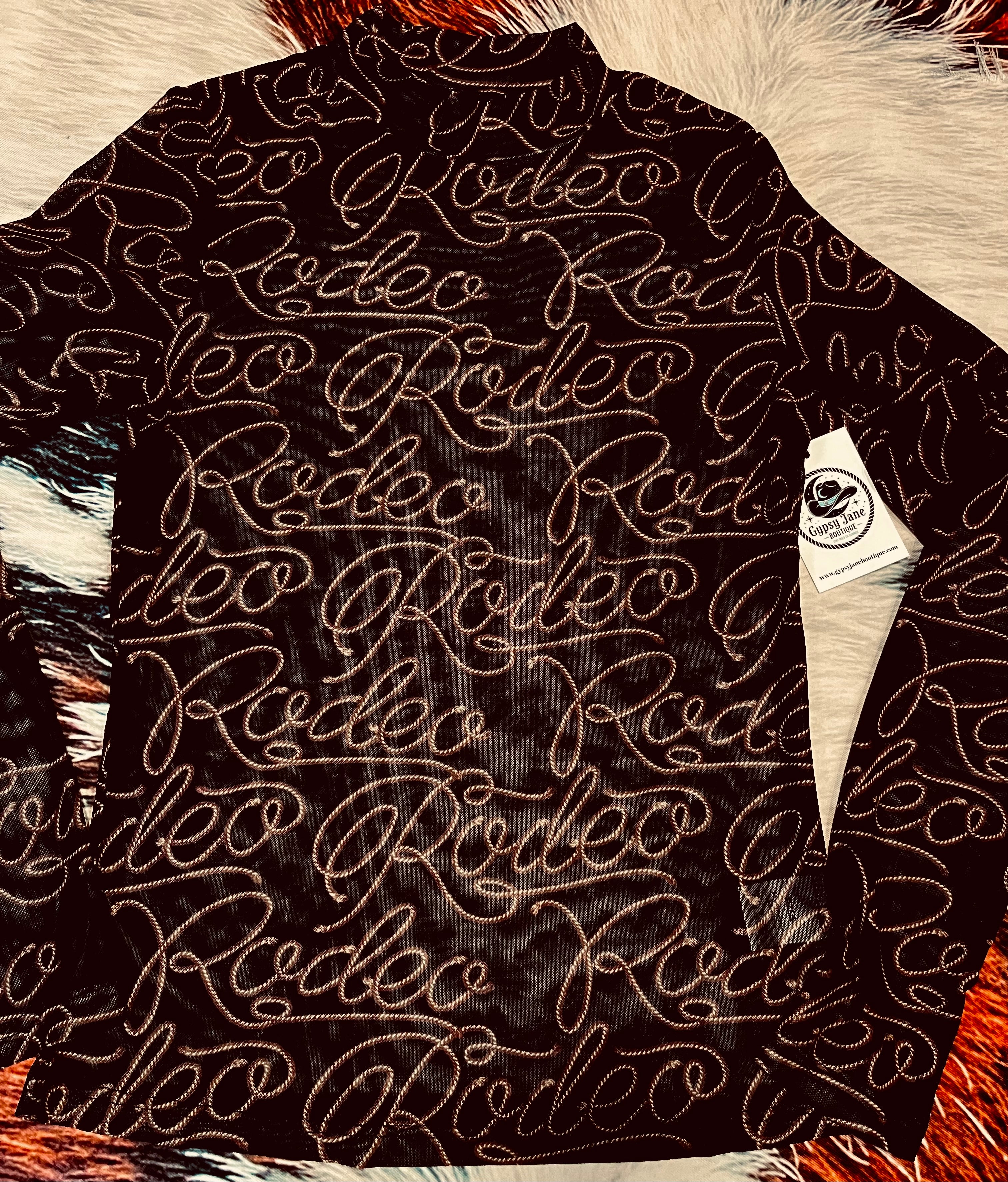 Black Western Rodeo Printed Mock Neck Long Sleeve Mesh Top