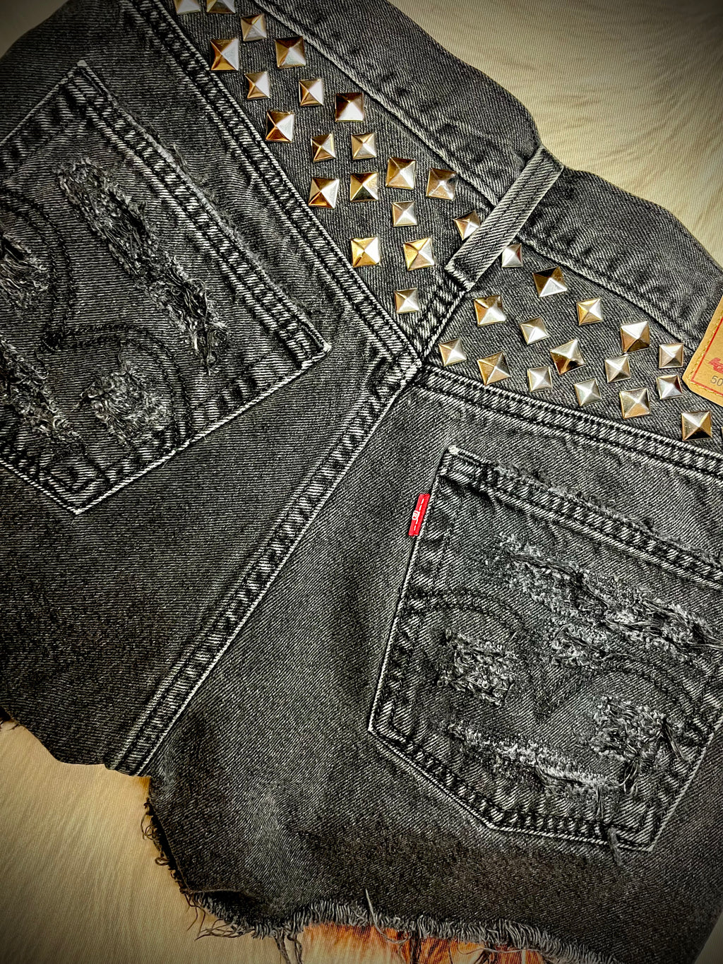 Custom Distressed Studded Shorts in Black