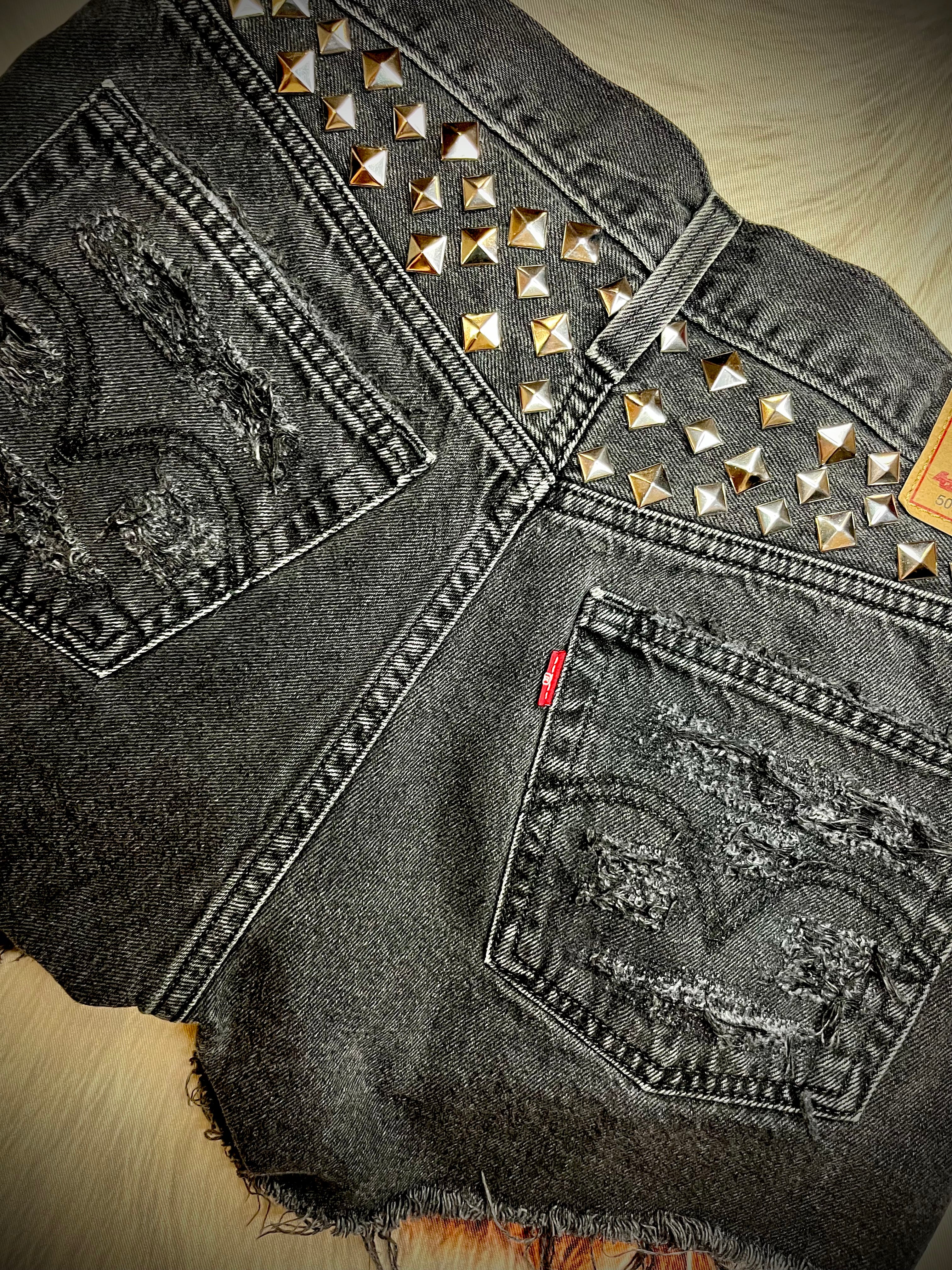 Custom Distressed Studded Shorts in Black