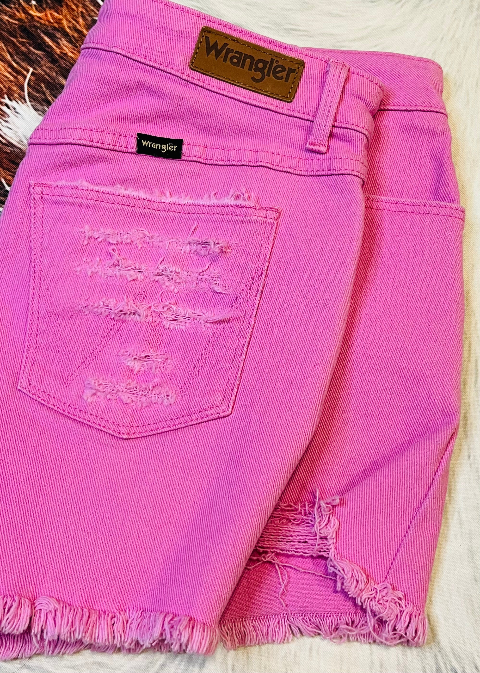 Bubblegum Pink Distressed HR Wrangler Shorts