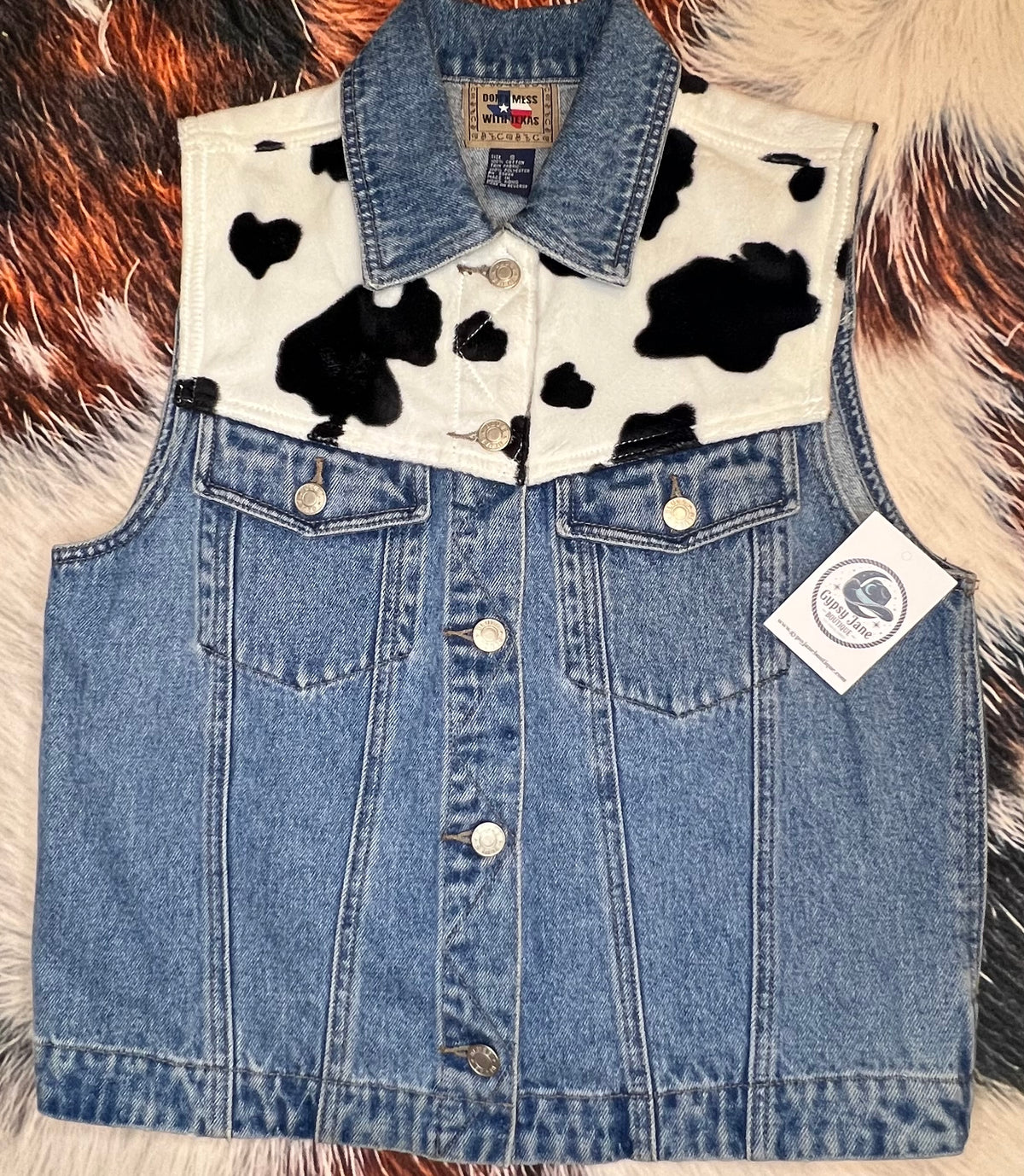 Vintage Textured Faux Cowhide Denim Vest